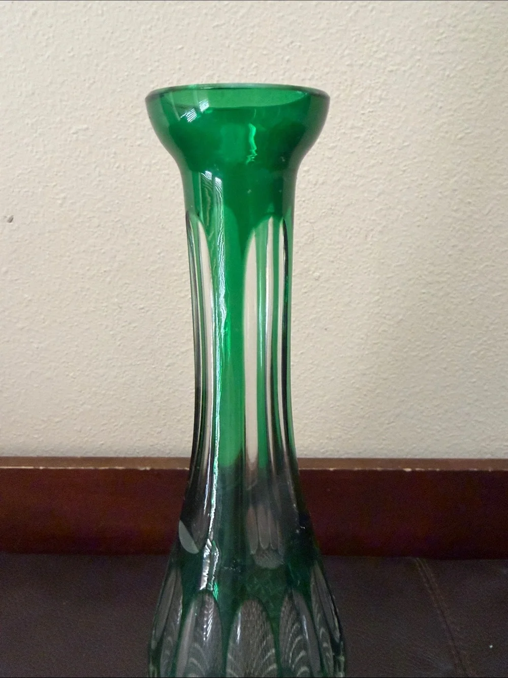 Vintage Bohemian Emerald Green Cut-to-Clear Crystal Decanter